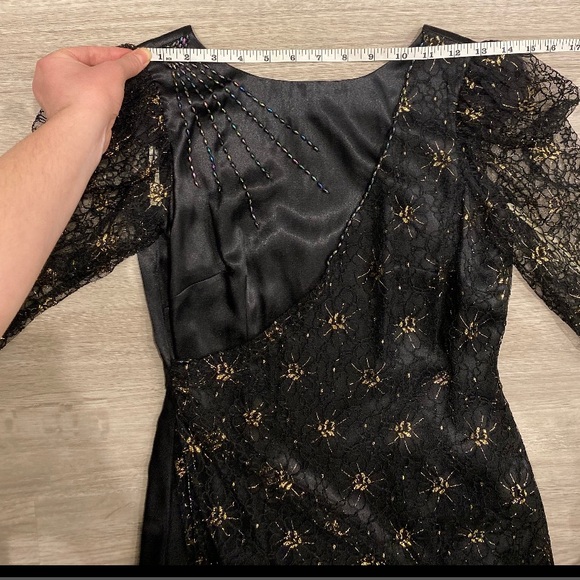 VINTAGE Black Satin Dress Printed Lace Overlay and Gold Detail | Modern Size XS - Picture 5 of 8